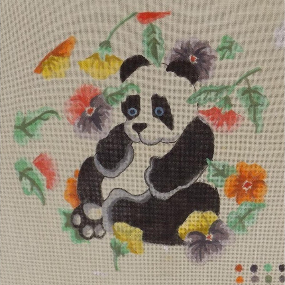 Hand Painted Panda Surrounded by Flowers Needlepoint Canvas Sitting New Vintage